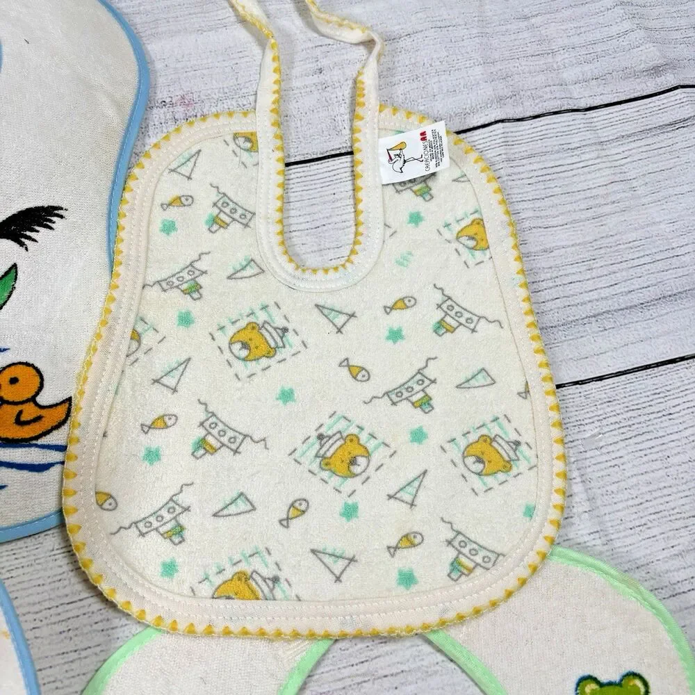 Vintage Lot of 6  Baby Bibs 0-6 Months Pastels Boy Girl Ducks Bunnies Bears